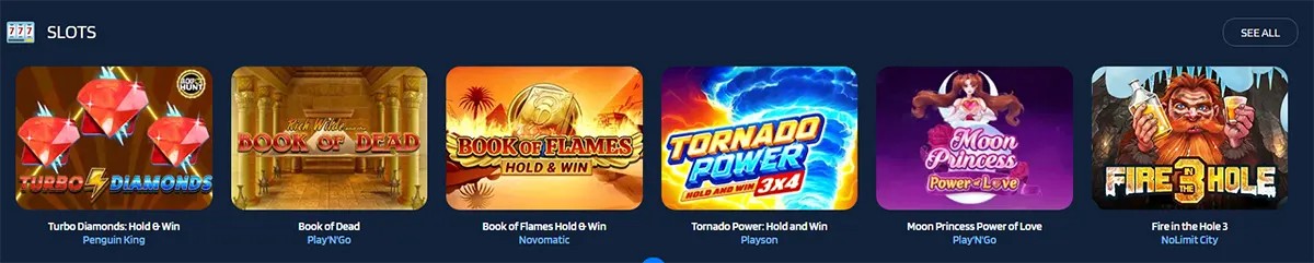 Slots carousel on a casino site showing Turbo Diamonds Hold & Win, Book of Dead, Book of Flames Hold & Win, Tornado Power Hold & Win 3x4, Moon Princess Power of Love, and Fire in the Hole 3, with a “See All” button.