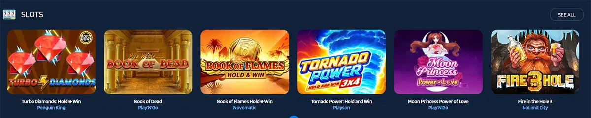 Slots carousel on a casino site showing Turbo Diamonds Hold & Win, Book of Dead, Book of Flames Hold & Win, Tornado Power Hold & Win 3x4, Moon Princess Power of Love, and Fire in the Hole 3, with a “See All” button.