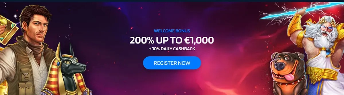 Casino welcome bonus banner with an explorer and Anubis on the left, Zeus holding lightning and a bulldog mascot on the right, purple background, “Register Now” CTA, 200% up to €1,000 + 10% daily cashback.