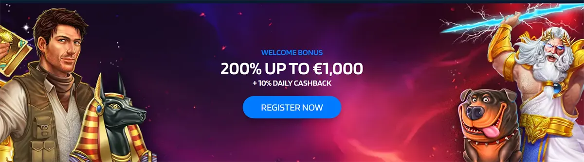 Casino welcome bonus banner with an explorer and Anubis on the left, Zeus holding lightning and a bulldog mascot on the right, purple background, “Register Now” CTA, 200% up to €1,000 + 10% daily cashback.